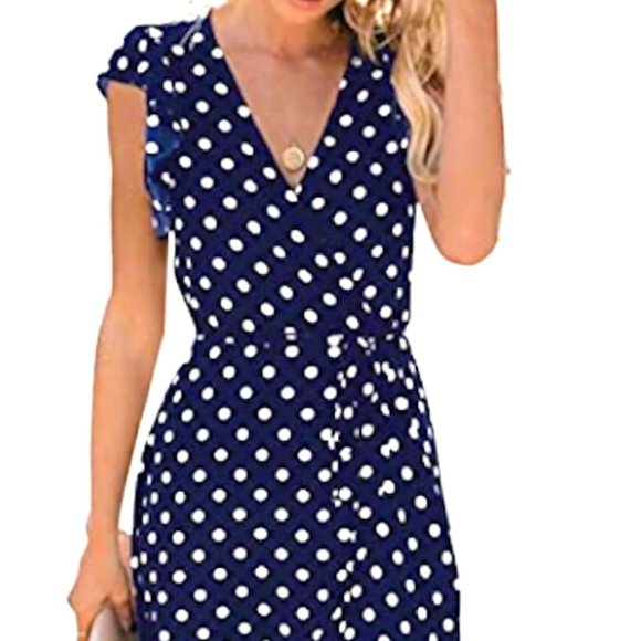 Grecerelle Women's Large Navy & White Polka Dot Surplice Long Flowing Maxi Dress - Picture 14 of 15
